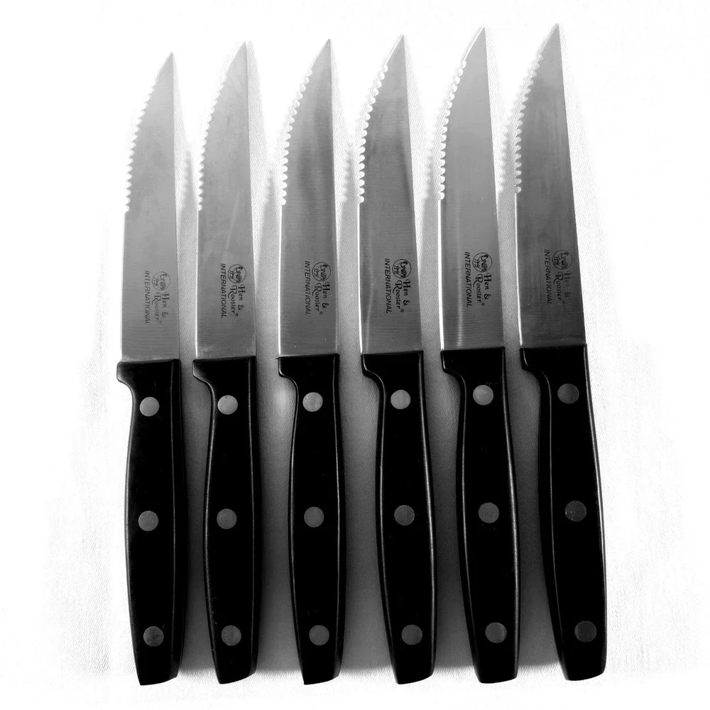 Hen & Rooster International Set of 6 Steak Knives Serrated Edge Riveted